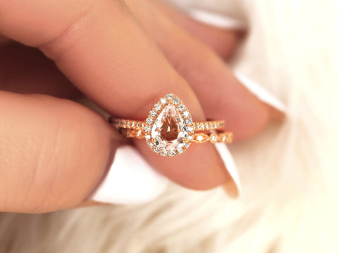 1.13ct Tabitha & Gwen 14kt Rose Gold Peach Champagne Sapphire Diamonds Pear Halo Bridal Set