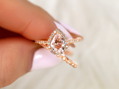 1.13ct Tabitha & Gwen 14kt Rose Gold Peach Champagne Sapphire Diamonds Pear Halo Bridal Set