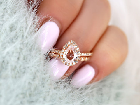1.13ct Tabitha & Gwen 14kt Rose Gold Peach Champagne Sapphire Diamonds Pear Halo Bridal Set