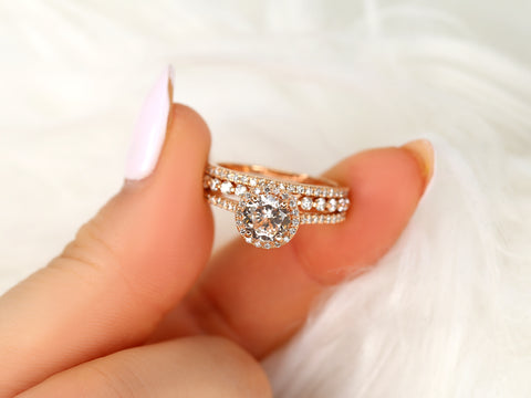 1.33ct Kubian 14kt Rose Gold Butter Champagne Sapphire Diamond Round Halo TRIO Bridal Set