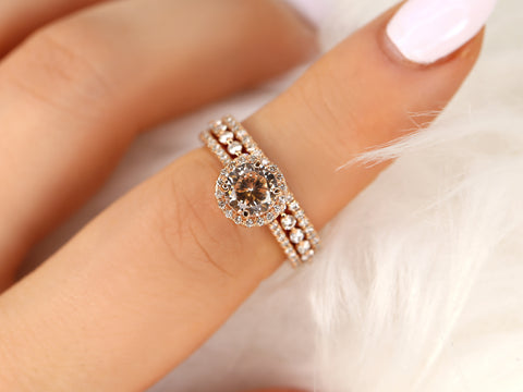 1.33ct Kubian 14kt Rose Gold Butter Champagne Sapphire Diamond Round Halo TRIO Bridal Set