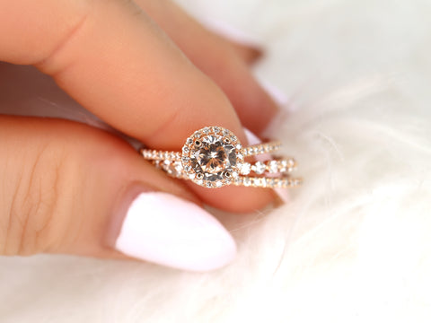 1.33ct Kubian 14kt Rose Gold Butter Champagne Sapphire Diamond Round Halo TRIO Bridal Set