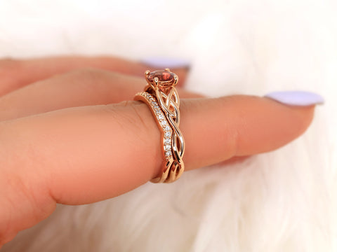 1.34ct Cassidy 14kt Rose Gold Cinnamon Fire Sapphire Diamonds Celtic Round Solitaire Bridal Set - Rosados Box