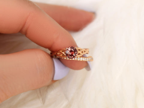 1.34ct Cassidy 14kt Rose Gold Cinnamon Fire Sapphire Diamonds Celtic Round Solitaire Bridal Set - Rosados Box