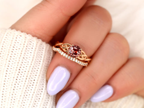 1.34ct Cassidy 14kt Rose Gold Cinnamon Fire Sapphire Diamonds Celtic Round Solitaire Bridal Set - Rosados Box