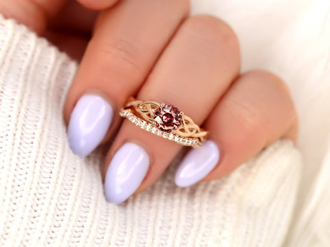 1.34ct Cassidy 14kt Rose Gold Cinnamon Fire Sapphire Diamonds Celtic Round Solitaire Bridal Set - Rosados Box