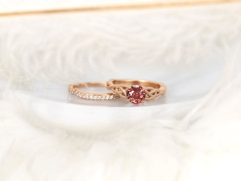 1.34ct Cassidy 14kt Rose Gold Cinnamon Fire Sapphire Diamonds Celtic Round Solitaire Bridal Set - Rosados Box