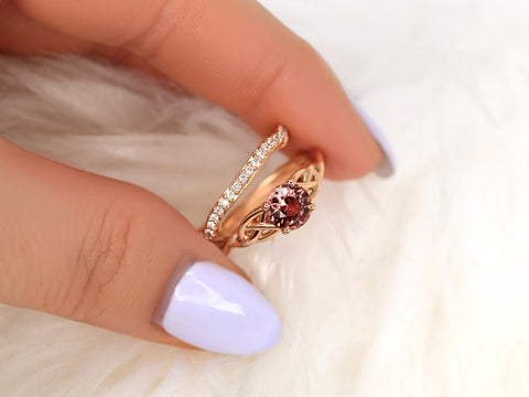 1.34ct Cassidy 14kt Rose Gold Cinnamon Fire Sapphire Diamonds Celtic Round Solitaire Bridal Set - Rosados Box