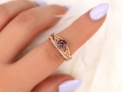1.34ct Cassidy 14kt Rose Gold Cinnamon Fire Sapphire Diamonds Celtic Round Solitaire Bridal Set - Rosados Box