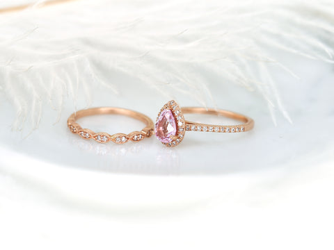 1.40ct Tabitha & Christie 14kt Rose Gold Raspberry Champagne Sapphire Diamond Pear Halo Bridal Set