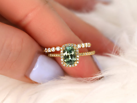 1.43ct Ready to Ship Carrie & Petite Naomi 18kt Gold Teal Chameleon Sapphire Diamond Cushion Halo Bridal Set - Rosados Box