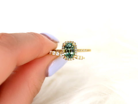 1.43ct Ready to Ship Carrie & Petite Naomi 18kt Gold Teal Chameleon Sapphire Diamond Cushion Halo Bridal Set - Rosados Box