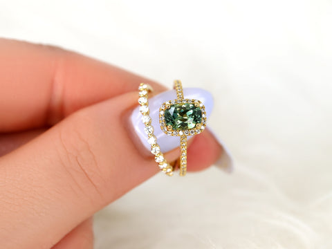 1.43ct Ready to Ship Carrie & Petite Naomi 18kt Gold Teal Chameleon Sapphire Diamond Cushion Halo Bridal Set - Rosados Box