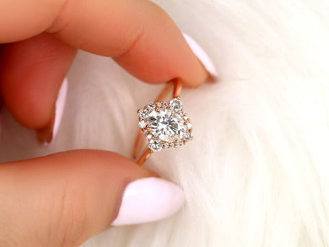 1.50ct Nola 8x6mm 14kt Moissanite Diamond Three Stone Oval Halo Ring