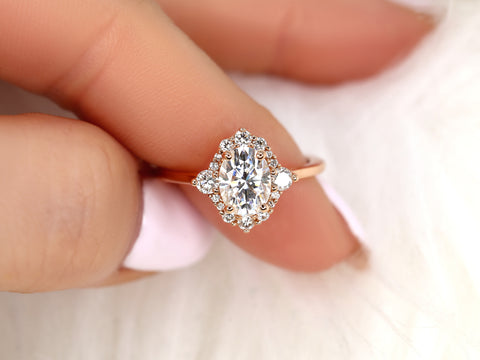 1.50ct Nola 8x6mm 14kt Moissanite Diamond Three Stone Oval Halo Ring