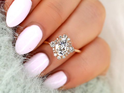 1.50ct Nola 8x6mm 14kt Moissanite Diamond Three Stone Oval Halo Ring