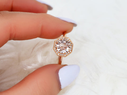 1.59ct Ready to Ship Winona 14kt Rose Gold Peach Champagne Sapphire Art Deco Halo Engagement Ring - Rosados Box