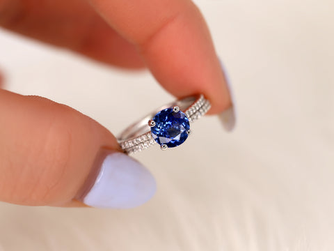 1.64ct Ready to Ship Eloise 14kt White Gold Cornflower Blue Sapphire Diamonds Round Solitaire Bridal Set - Rosados Box