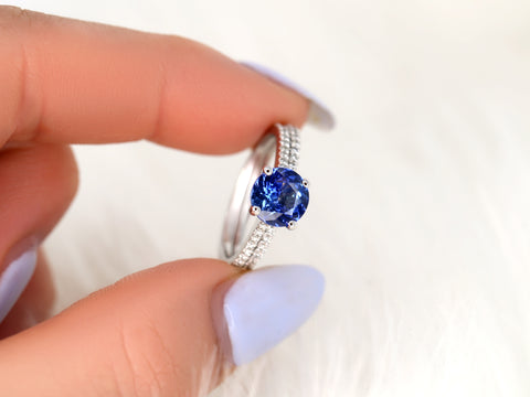 1.64ct Ready to Ship Eloise 14kt White Gold Cornflower Blue Sapphire Diamonds Round Solitaire Bridal Set - Rosados Box