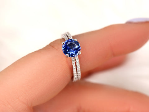 1.64ct Ready to Ship Eloise 14kt White Gold Cornflower Blue Sapphire Diamonds Round Solitaire Bridal Set - Rosados Box