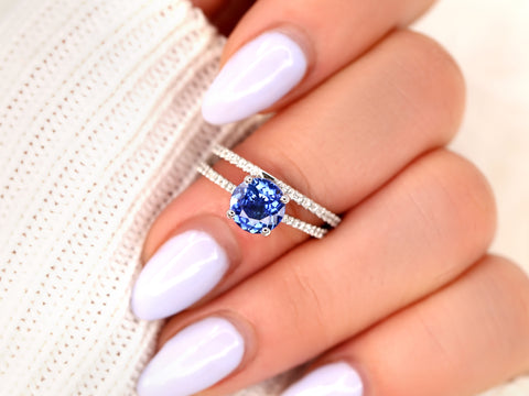 1.64ct Ready to Ship Eloise 14kt White Gold Cornflower Blue Sapphire Diamonds Round Solitaire Bridal Set - Rosados Box