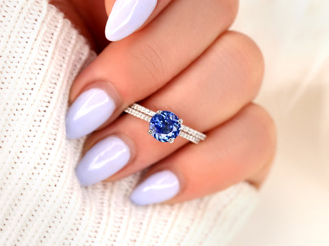 1.64ct Ready to Ship Eloise 14kt White Gold Cornflower Blue Sapphire Diamonds Round Solitaire Bridal Set - Rosados Box