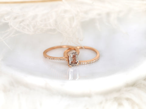 1.78ct Blake 14kt Rose Gold Radiant Peach Rose Sapphire Diamond Oval Solitaire Bridal Set - Rosados Box