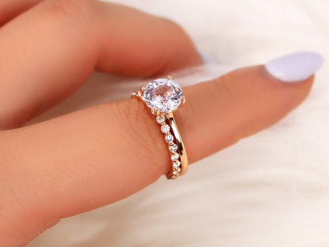 2.39ct Ready to Ship Skinny Flora & Petite Naomi 14kt Icy Lavender Blush Sapphire Diamond Solitaire Bridal Set - Rosados Box