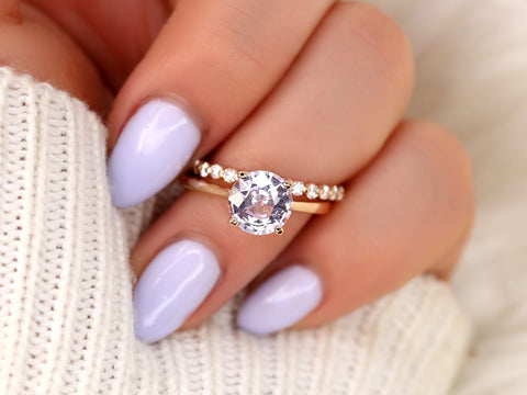 2.39ct Ready to Ship Skinny Flora & Petite Naomi 14kt Icy Lavender Blush Sapphire Diamond Solitaire Bridal Set - Rosados Box