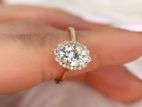 2ct Electra 9x7mm 14kt Moissanite Diamonds Graduated Shield Oval Halo Ring