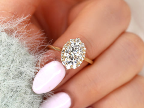 2ct Electra 9x7mm 14kt Moissanite Diamonds Graduated Shield Oval Halo Ring