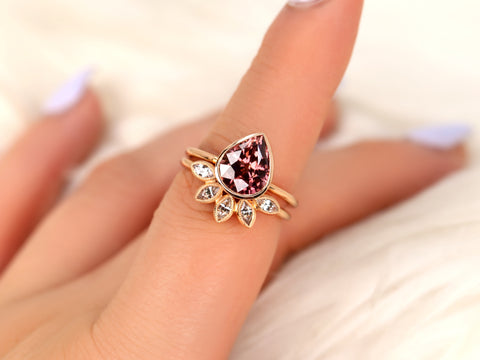 3.44ct Ready to Ship Isla & Petunia 14kt Rose Gold Pear Raspberry Zircon Bezel Petal Bridal Set - Rosados Box