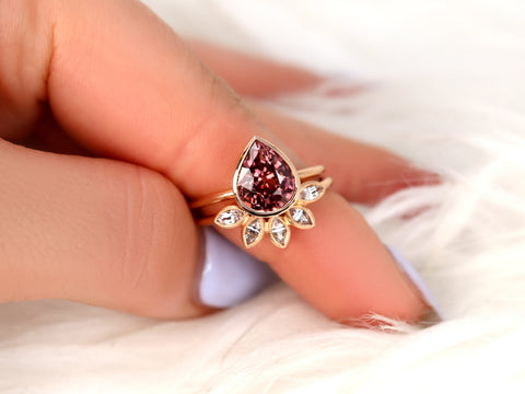 3.44ct Ready to Ship Isla & Petunia 14kt Rose Gold Pear Raspberry Zircon Bezel Petal Bridal Set - Rosados Box