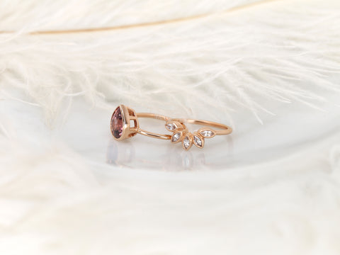 3.44ct Ready to Ship Isla & Petunia 14kt Rose Gold Pear Raspberry Zircon Bezel Petal Bridal Set - Rosados Box