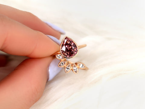 3.44ct Ready to Ship Isla & Petunia 14kt Rose Gold Pear Raspberry Zircon Bezel Petal Bridal Set - Rosados Box