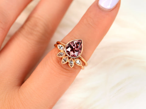 3.44ct Ready to Ship Isla & Petunia 14kt Rose Gold Pear Raspberry Zircon Bezel Petal Bridal Set - Rosados Box