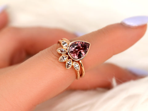 3.44ct Ready to Ship Isla & Petunia 14kt Rose Gold Pear Raspberry Zircon Bezel Petal Bridal Set - Rosados Box
