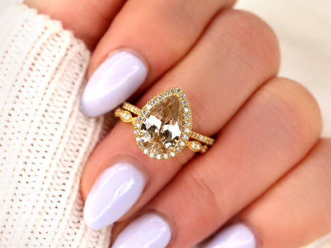 3.94ct Ready to Ship Tabitha & Christie 18kt Gold Champagne Zircon Diamonds Dainty Art Deco Pear Halo Bridal Set - Rosados Box