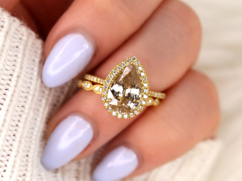 3.94ct Ready to Ship Tabitha & Christie 18kt Gold Champagne Zircon Diamonds Dainty Art Deco Pear Halo Bridal Set - Rosados Box