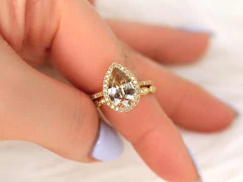 3.94ct Ready to Ship Tabitha & Christie 18kt Gold Champagne Zircon Diamonds Dainty Art Deco Pear Halo Bridal Set - Rosados Box