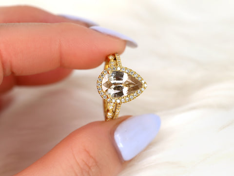 3.94ct Ready to Ship Tabitha & Christie 18kt Gold Champagne Zircon Diamonds Dainty Art Deco Pear Halo Bridal Set - Rosados Box