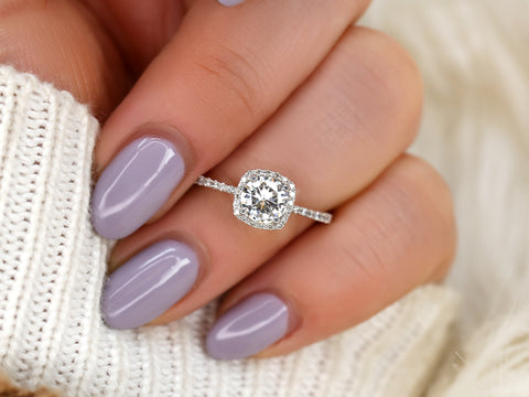 0.75ct Barra 6mm 14kt Moissanite Diamond Cushion Halo Ring - Rosados Box