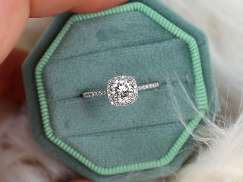 0.75ct Barra 6mm Platinum FB Moissanite Diamonds Cushion Halo Ring - Rosados Box