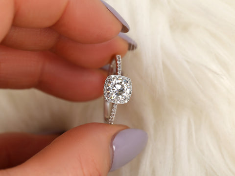 0.75ct Barra 6mm 14kt Moissanite Diamond Cushion Halo Ring - Rosados Box