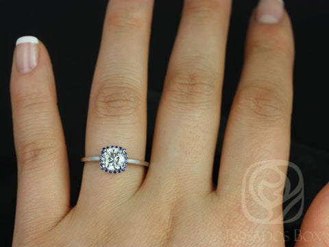 0.75ct Ready to Ship Bella 6mm 14kt FB Moissanite Blue Sapphire Cushion Halo Ring - Rosados Box