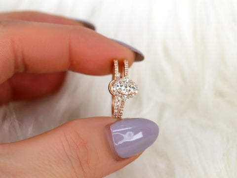 0.50ct Bridgette 6x4mm 14kt Gold Moissanite Diamonds Unique Halo Bridal Set - Rosados Box