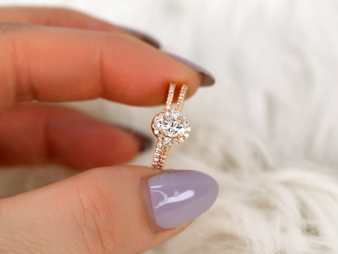 0.50ct Bridgette 6x4mm 14kt Gold Moissanite Diamonds Unique Halo Bridal Set - Rosados Box