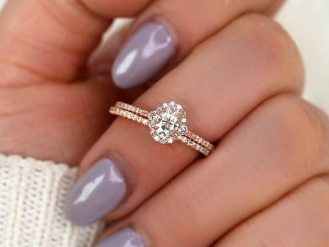 0.50ct Bridgette 6x4mm 14kt Gold Moissanite Diamonds Unique Halo Bridal Set - Rosados Box