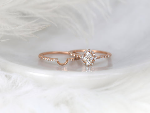 0.50ct Bridgette 6x4mm 14kt Gold Moissanite Diamonds Unique Halo Bridal Set - Rosados Box