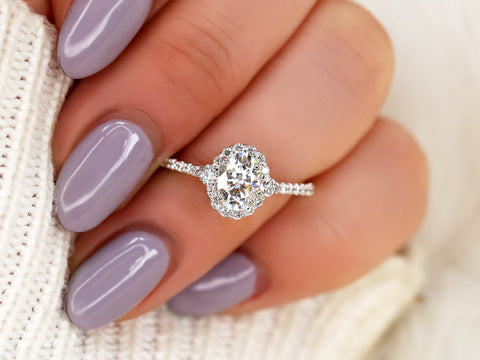 1ct Bridgette 7x5mm 14kt Moissanite Diamond Oval Three Stone Halo Ring - Rosados Box